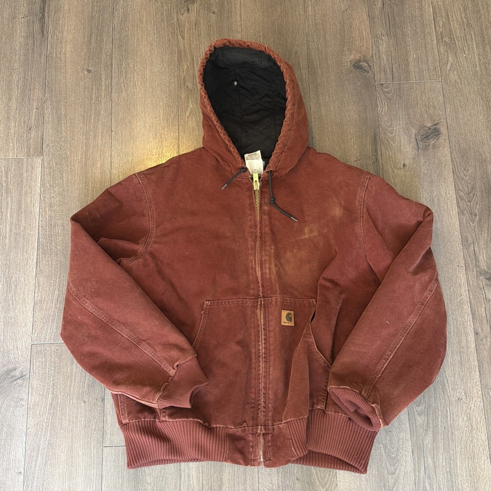 VTG Carhartt J130 Jacket Mens Large CLY Clay Red Distressed Hooded Work Zip Y2K